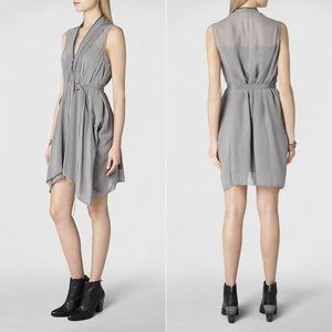 All Saints Pale Gray Lewis Dress Women's Size 6 Silk Tunic Flowy belt dress